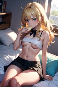 anime,busty,small tits,20s age,serious face,blonde,messy hair style,light skin,comic,bedroom,side view,eating,mini skirt