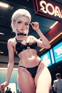 anime,skinny,small tits,50s age,sad face,white hair,slicked hair style,light skin,cyberpunk,casino,front view,working out,bra