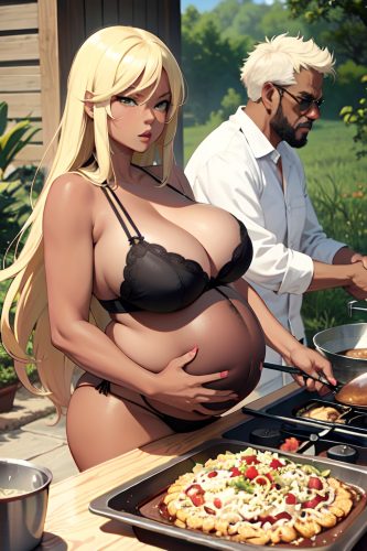 anime,pregnant,huge boobs,70s age,angry face,blonde,straight hair style,dark skin,comic,meadow,side view,cooking,bra