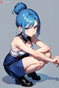 anime,skinny,small tits,60s age,angry face,blue hair,hair bun hair style,light skin,dark fantasy,moon,close-up view,squatting,mini skirt