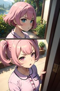 anime,chubby,small tits,70s age,angry face,pink hair,pixie hair style,light skin,mirror selfie,forest,side view,gaming,pajamas