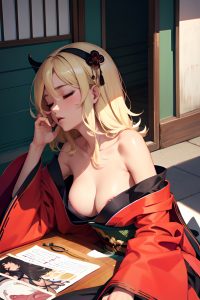 anime,skinny,small tits,50s age,seductive face,blonde,messy hair style,dark skin,painting,street,side view,sleeping,geisha