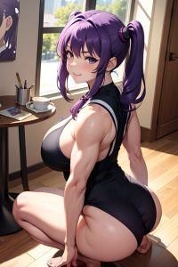 anime,muscular,huge boobs,18 age,happy face,purple hair,pigtails hair style,light skin,painting,cafe,back view,spreading legs,schoolgirl