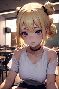 anime,busty,small tits,20s age,pouting lips face,blonde,hair bun hair style,dark skin,crisp anime,club,front view,spreading legs,schoolgirl