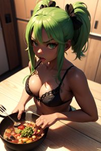 anime,busty,small tits,70s age,angry face,green hair,pigtails hair style,dark skin,3d,prison,close-up view,cooking,lingerie
