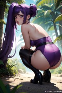 anime,pregnant,small tits,30s age,ahegao face,purple hair,straight hair style,dark skin,cyberpunk,jungle,back view,squatting,stockings