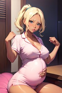 anime,pregnant,small tits,80s age,pouting lips face,blonde,slicked hair style,dark skin,soft anime,bar,front view,yoga,pajamas