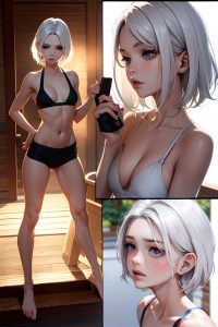 anime,skinny,small tits,50s age,pouting lips face,white hair,pixie hair style,light skin,dark fantasy,sauna,side view,working out,pajamas