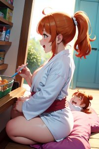 anime,chubby,small tits,80s age,laughing face,ginger,ponytail hair style,light skin,painting,grocery,side view,spreading legs,bathrobe