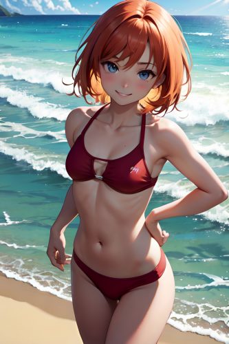 anime,skinny,small tits,18 age,happy face,ginger,pixie hair style,dark skin,soft + warm,beach,close-up view,working out,teacher