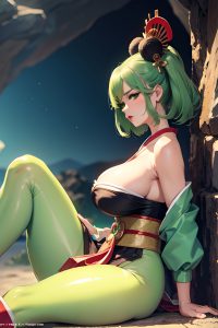 anime,busty,huge boobs,70s age,pouting lips face,green hair,slicked hair style,dark skin,film photo,cave,side view,spreading legs,geisha