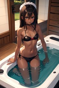 anime,skinny,small tits,18 age,angry face,brunette,straight hair style,dark skin,charcoal,hot tub,front view,gaming,maid