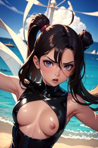 anime,busty,small tits,18 age,angry face,brunette,slicked hair style,dark skin,dark fantasy,yacht,front view,on back,latex