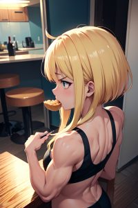 anime,muscular,small tits,30s age,angry face,blonde,bangs hair style,dark skin,soft anime,club,back view,eating,goth