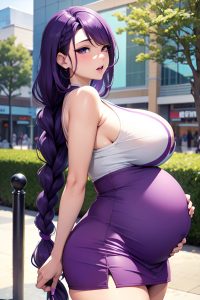 anime,pregnant,huge boobs,50s age,ahegao face,purple hair,braided hair style,light skin,dark fantasy,mall,side view,massage,mini skirt