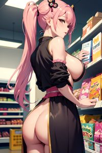 anime,skinny,huge boobs,80s age,orgasm face,pink hair,pigtails hair style,dark skin,warm anime,grocery,back view,cumshot,geisha