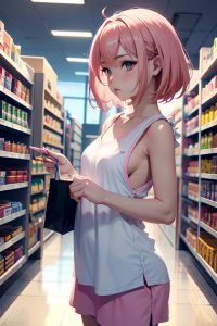 anime,busty,small tits,30s age,pouting lips face,pink hair,pixie hair style,light skin,black and white,grocery,side view,gaming,teacher