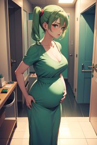 anime,pregnant,small tits,30s age,serious face,green hair,pigtails hair style,light skin,film photo,changing room,back view,gaming,nurse