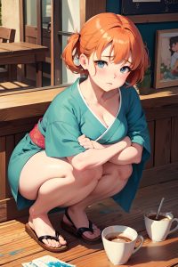 anime,chubby,small tits,50s age,sad face,ginger,bangs hair style,light skin,painting,cafe,front view,bending over,kimono