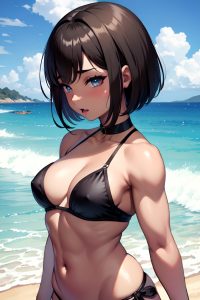 anime,muscular,small tits,60s age,ahegao face,brunette,bobcut hair style,dark skin,skin detail (beta),beach,side view,massage,goth