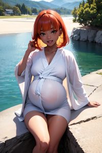 anime,pregnant,small tits,50s age,ahegao face,ginger,bangs hair style,dark skin,warm anime,lake,close-up view,jumping,bathrobe