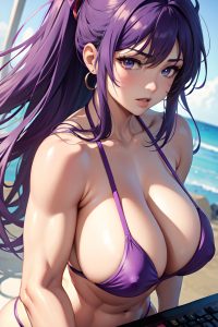 anime,muscular,huge boobs,70s age,seductive face,purple hair,messy hair style,light skin,illustration,gym,close-up view,gaming,bikini