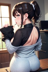 anime,chubby,small tits,60s age,pouting lips face,brunette,ponytail hair style,light skin,charcoal,stage,back view,eating,goth