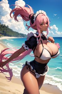 anime,busty,huge boobs,70s age,sad face,pink hair,messy hair style,dark skin,film photo,beach,side view,jumping,maid