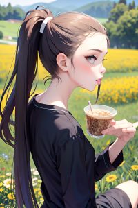 anime,skinny,small tits,80s age,pouting lips face,brunette,ponytail hair style,light skin,black and white,meadow,back view,eating,pajamas