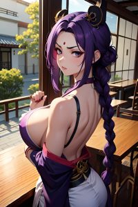 anime,skinny,huge boobs,20s age,angry face,purple hair,braided hair style,dark skin,painting,restaurant,back view,yoga,geisha