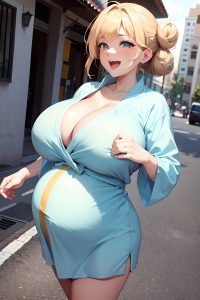 anime,pregnant,huge boobs,40s age,laughing face,blonde,hair bun hair style,light skin,skin detail (beta),street,close-up view,jumping,bathrobe