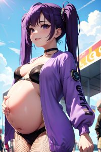 anime,pregnant,small tits,60s age,happy face,purple hair,pigtails hair style,light skin,cyberpunk,meadow,front view,t-pose,fishnet