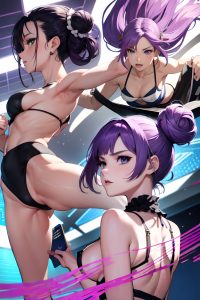 anime,skinny,small tits,20s age,serious face,purple hair,hair bun hair style,light skin,black and white,casino,side view,jumping,bra