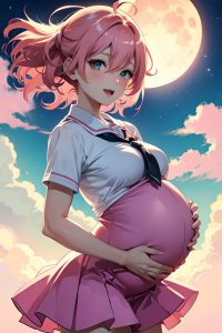 anime,pregnant,small tits,30s age,ahegao face,pink hair,messy hair style,light skin,warm anime,moon,front view,t-pose,schoolgirl