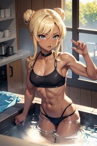 anime,muscular,small tits,40s age,shocked face,blonde,hair bun hair style,dark skin,charcoal,cafe,front view,bathing,schoolgirl