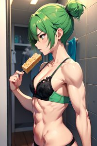 anime,muscular,small tits,18 age,angry face,green hair,pixie hair style,light skin,crisp anime,changing room,side view,eating,bra