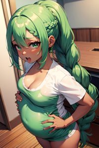 anime,pregnant,small tits,70s age,ahegao face,green hair,braided hair style,dark skin,crisp anime,hospital,back view,t-pose,teacher