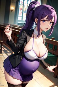 anime,pregnant,huge boobs,50s age,shocked face,purple hair,ponytail hair style,light skin,skin detail (beta),church,front view,gaming,stockings