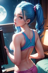 anime,busty,small tits,80s age,shocked face,blue hair,pigtails hair style,light skin,3d,moon,back view,gaming,pajamas