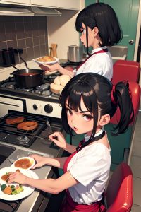 anime,busty,small tits,40s age,angry face,black hair,pixie hair style,dark skin,skin detail (beta),car,side view,cooking,maid