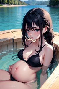 anime,pregnant,small tits,60s age,pouting lips face,black hair,braided hair style,light skin,dark fantasy,lake,close-up view,bathing,teacher