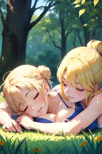 anime,skinny,huge boobs,60s age,happy face,blonde,hair bun hair style,light skin,watercolor,meadow,close-up view,sleeping,bikini