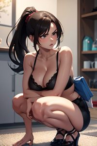 anime,skinny,huge boobs,30s age,angry face,brunette,ponytail hair style,dark skin,charcoal,cafe,front view,squatting,lingerie