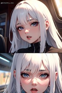 anime,muscular,small tits,40s age,orgasm face,white hair,bangs hair style,light skin,film photo,train,close-up view,gaming,goth