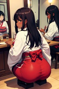 anime,chubby,huge boobs,60s age,sad face,brunette,messy hair style,dark skin,mirror selfie,restaurant,back view,squatting,kimono