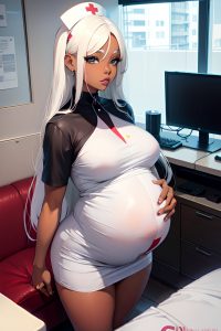 anime,pregnant,small tits,60s age,pouting lips face,white hair,straight hair style,dark skin,dark fantasy,yacht,front view,gaming,nurse