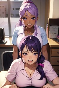 anime,pregnant,small tits,70s age,laughing face,purple hair,ponytail hair style,dark skin,soft + warm,office,front view,straddling,nurse