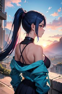 anime,busty,small tits,18 age,serious face,blue hair,ponytail hair style,dark skin,cyberpunk,mountains,back view,cumshot,schoolgirl
