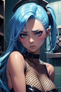 anime,busty,small tits,80s age,sad face,blue hair,slicked hair style,dark skin,charcoal,prison,front view,gaming,fishnet