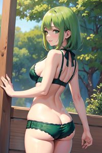 anime,chubby,small tits,60s age,happy face,green hair,slicked hair style,dark skin,watercolor,meadow,back view,spreading legs,bra